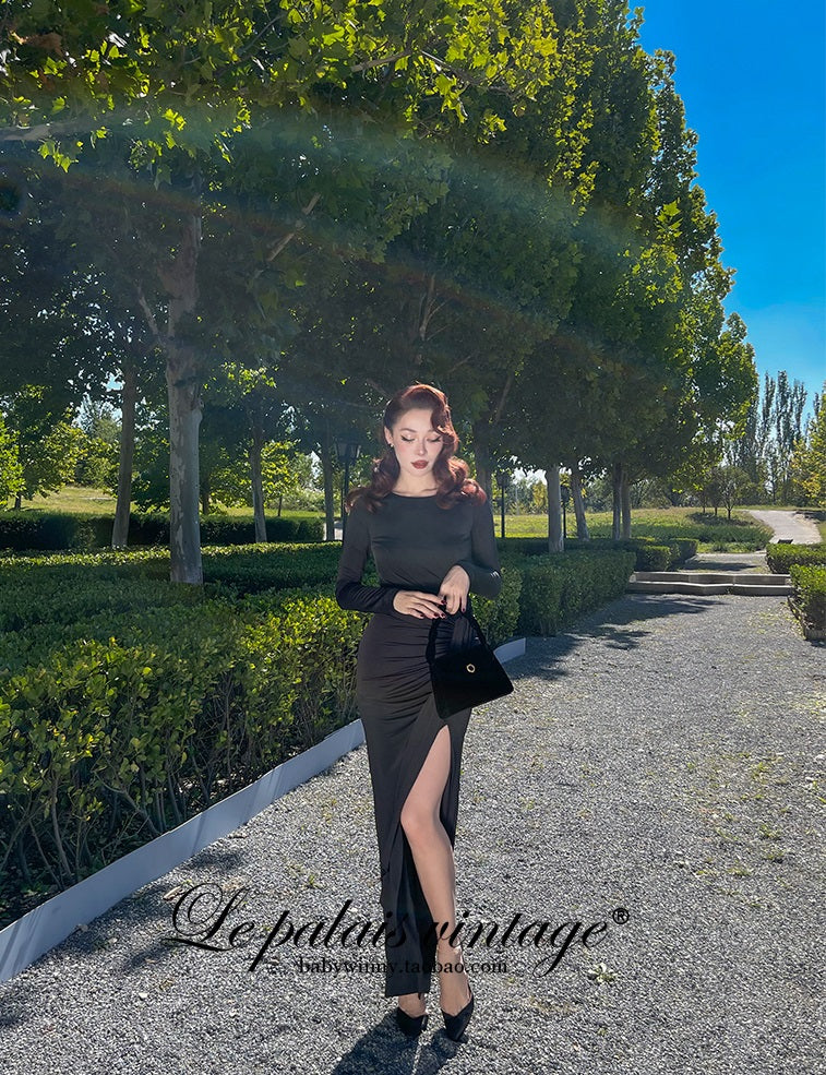 le palais  elegant black asymmetrical pleated high slit slim long dress-PEBBLE