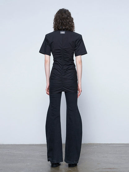 ANNAKIK Black and white pleated waist V-neck dress-FANSIA