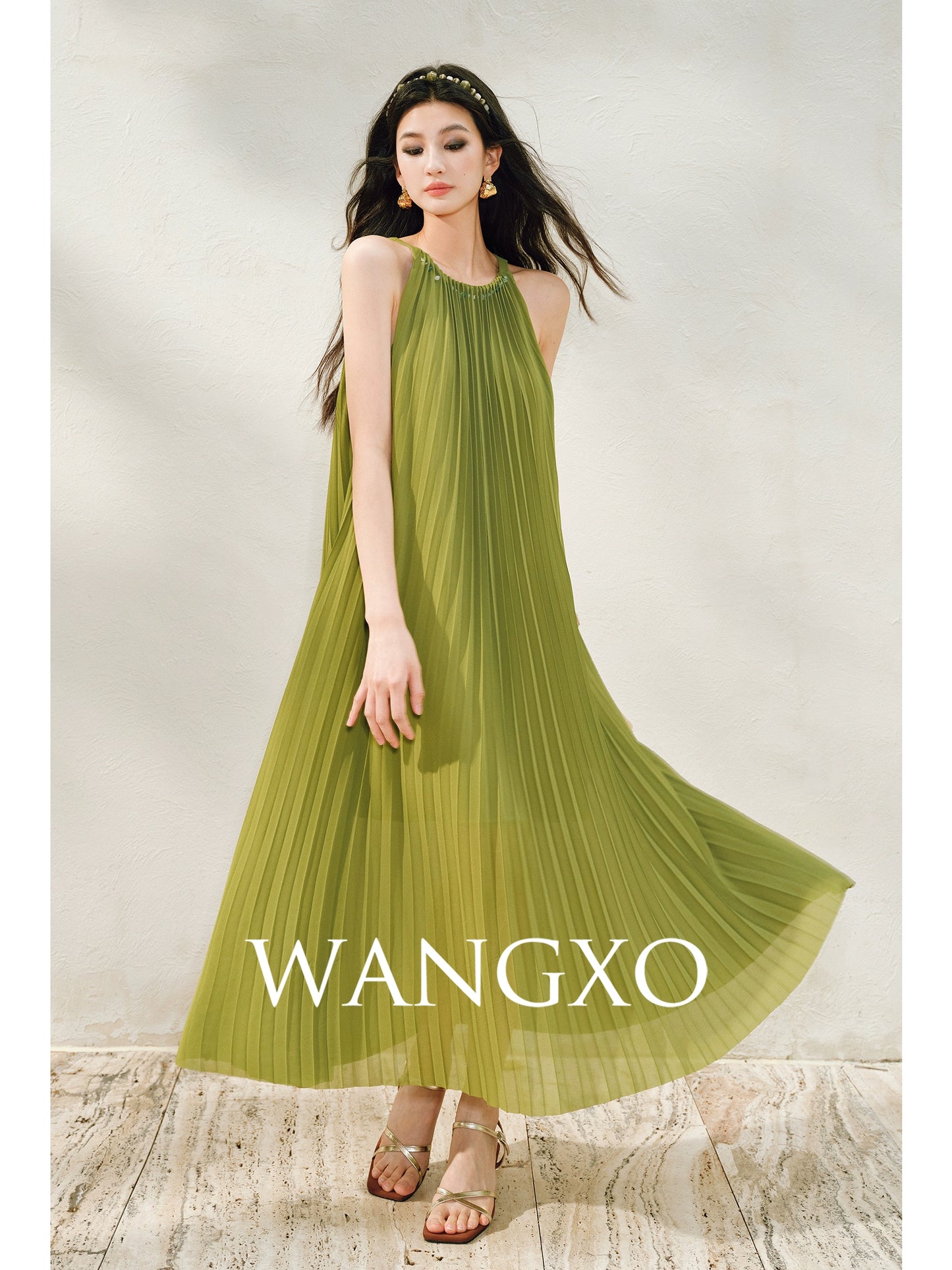 WANGXO | Natural Stone Beaded Halterneck Flowing A-Line Umbrella Skirt -ZENA
