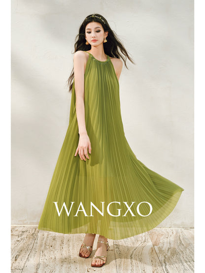 WANGXO | Natural Stone Beaded Halterneck Flowing A-Line Umbrella Skirt -ZENA
