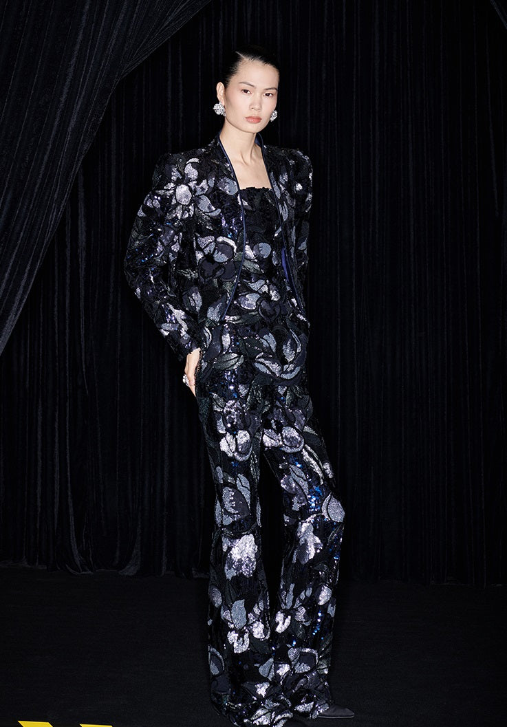 M essential Mackay Magnolia embroidered sequins padded shoulder crop coat dress pants suit - Ilie.