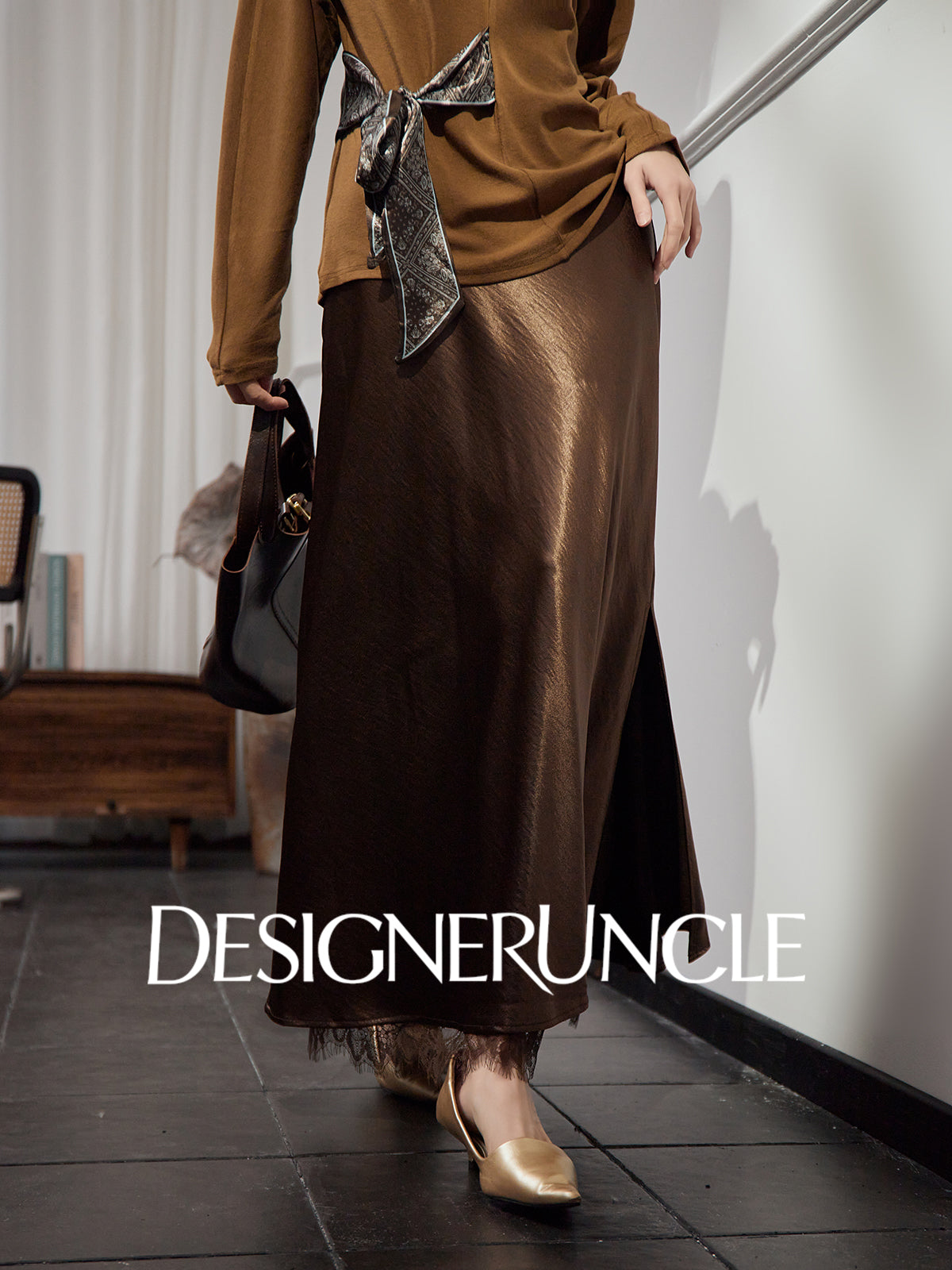 DGU "Gilded" high-waisted skirt acetate velvet drape - Kyla.