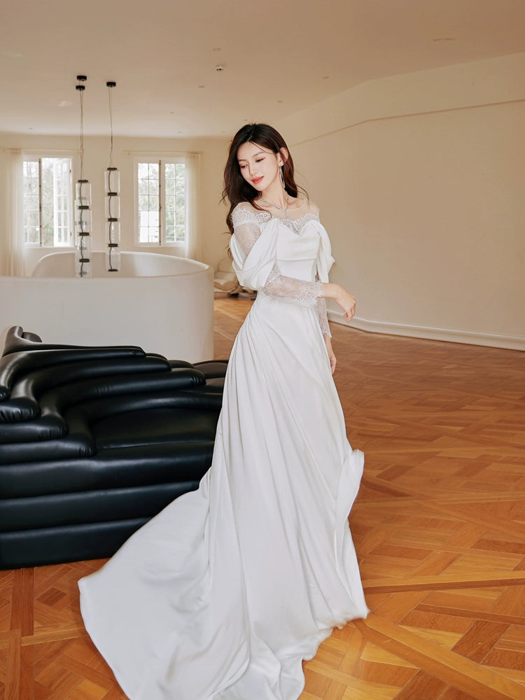DOLLY Elegant White French Style Lace Satin Long Sleeve Wedding Dress-MEGARA