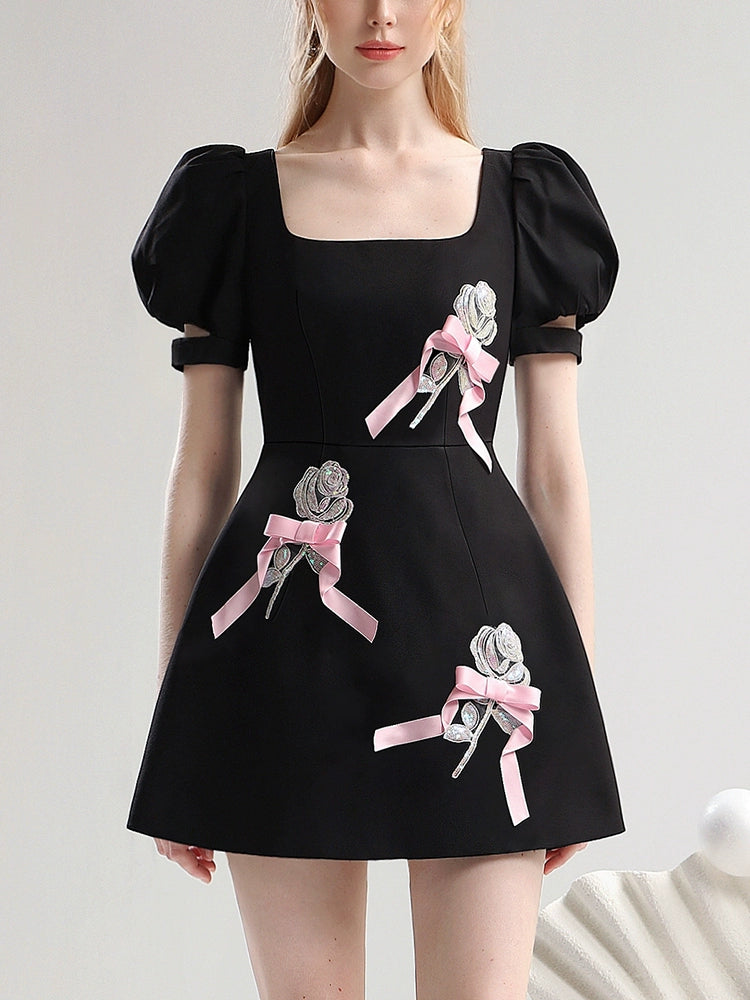 CHECOCRE New Three-Dimensional Beads Rose Bow Contrasting Little Black Dress - CHARLES