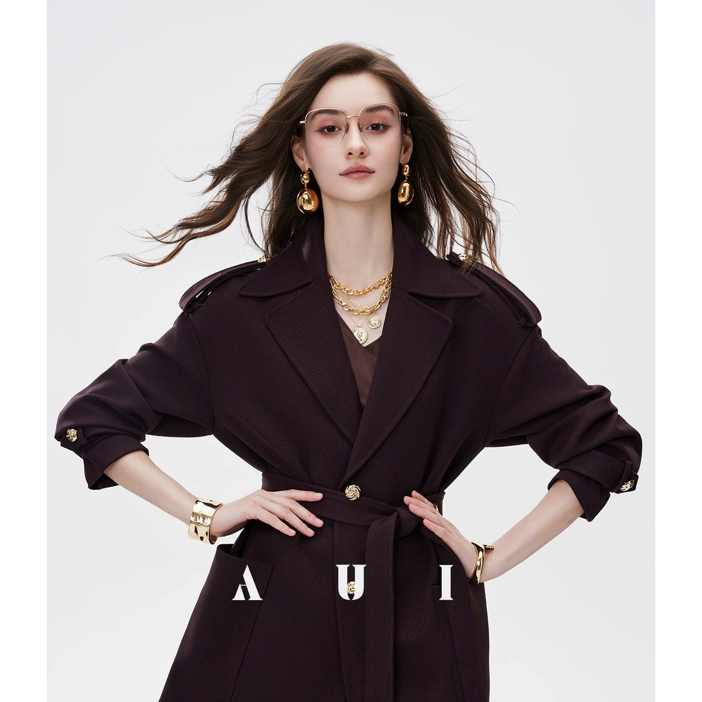 AUI Mocha Mousse Suit Collar Trench Coat Jacket - Hana!