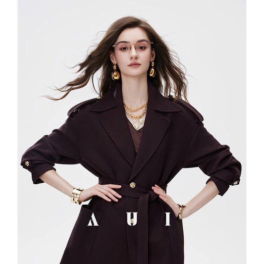 AUI Mocha Mousse Suit Collar Trench Coat Jacket - Hana!