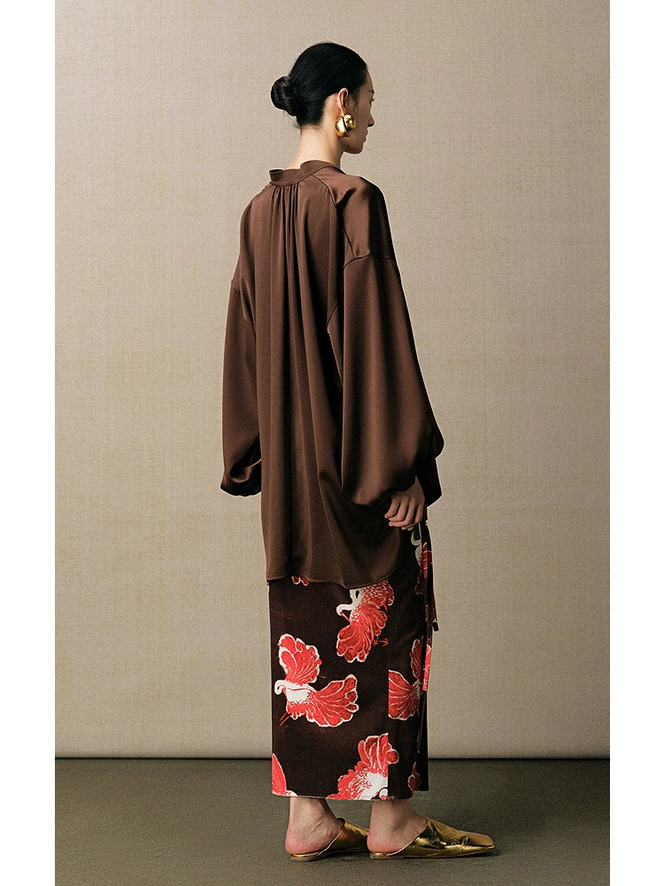 ZHUCHONGYUN Brown dropped shoulder loose voluminous-sleeved top-RYOUMEN.