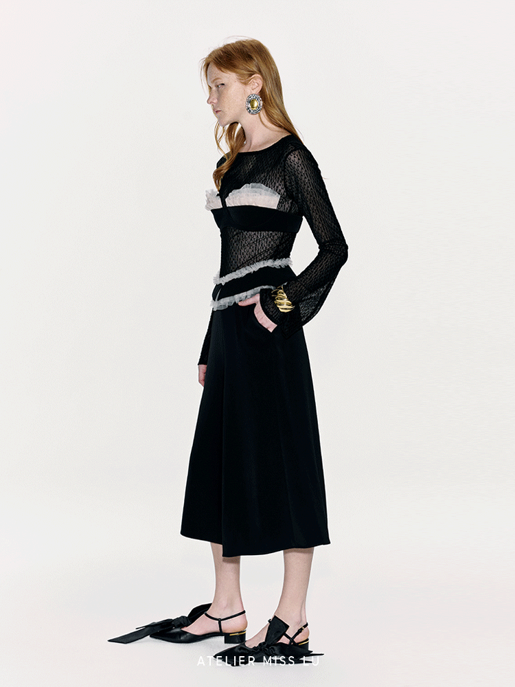 ATELIER MISS LU Waist Tulle Panel Design Wide Leg Pants - ARINA