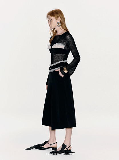 ATELIER MISS LU Waist Tulle Panel Design Wide Leg Pants - ARINA