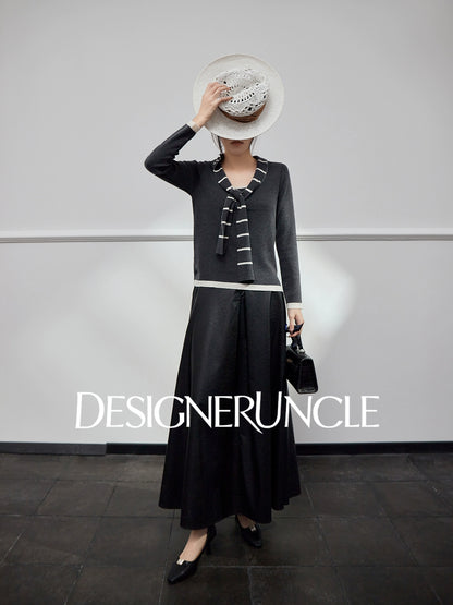 DGU| Dark Gray Striped Bow Tie Niche Design Retro Gentle Commuter Top - Antonio.