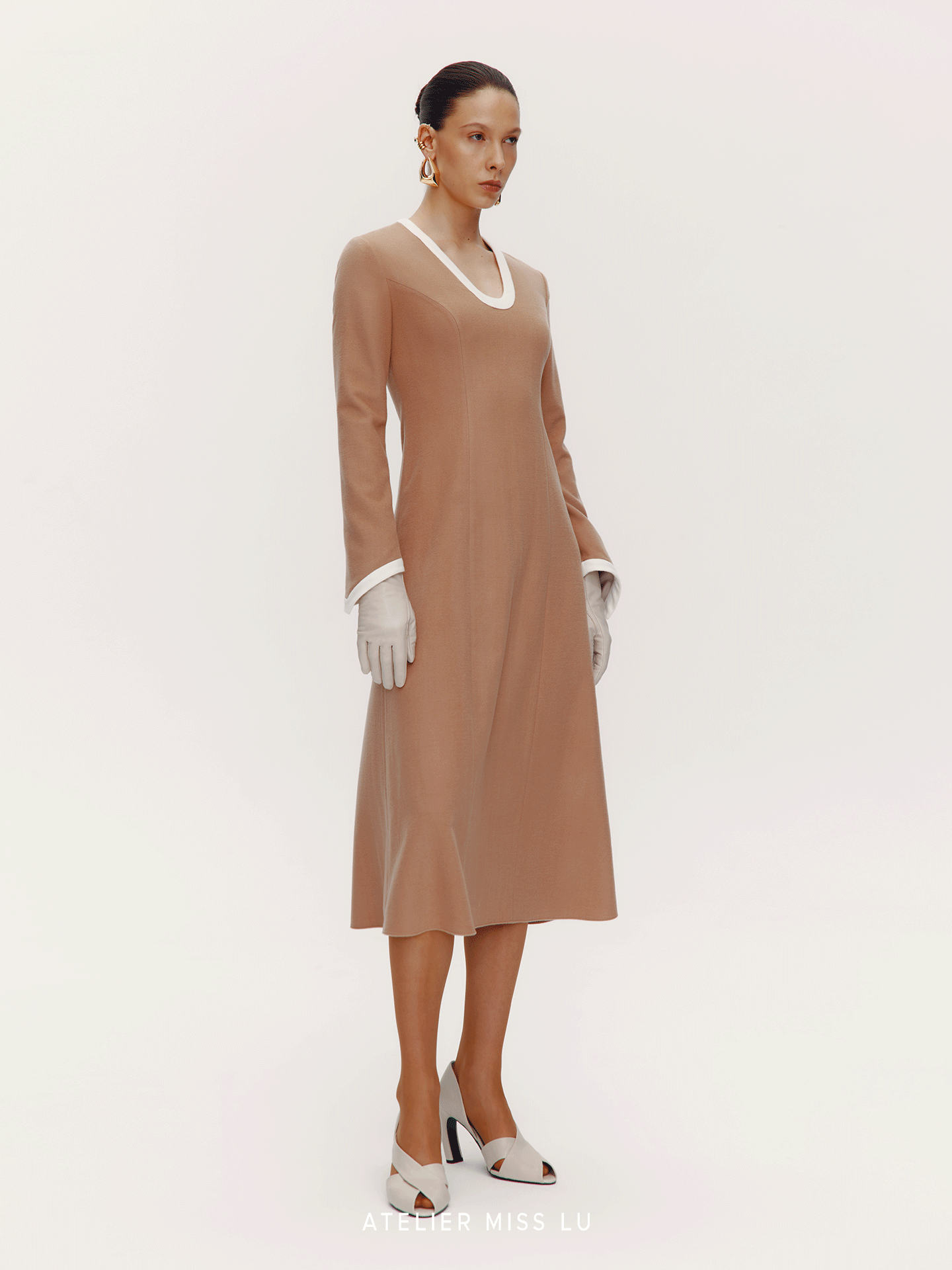 ATELIER MISS LU Old Money Sheep Wool Blend Long Sleeve Dress - RED.