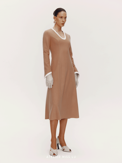 ATELIER MISS LU Old Money Sheep Wool Blend Long Sleeve Dress - RED.