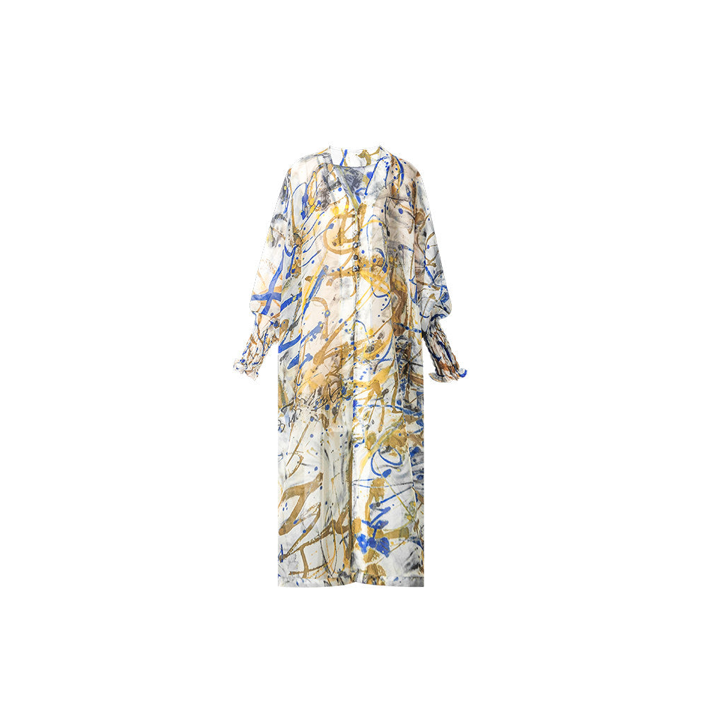TUYUE Art Print Disc Buckle Light Organza Long Jacket- XENA.