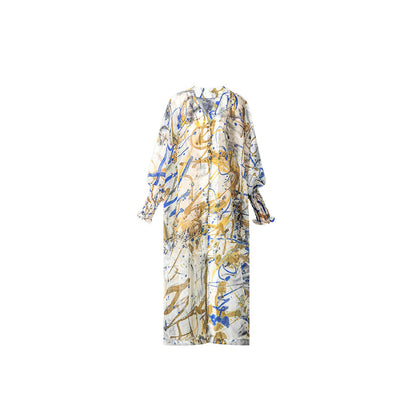 TUYUE Art Print Disc Buckle Light Organza Long Jacket- XENA.