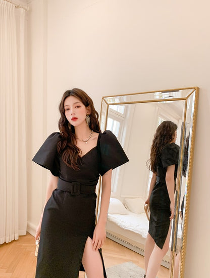DOLLY Luxury Black Retro V-Neck Short Puff Sleeve Midi Luncheon Dress-SUSU