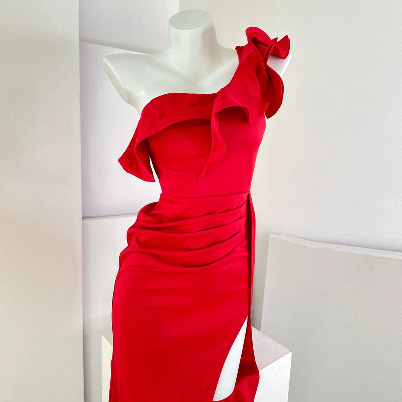 DOLLY Elegant Ruffled Off Shoulder Slim Fit Pleated Fish Tail Dinner Dress-EDITH