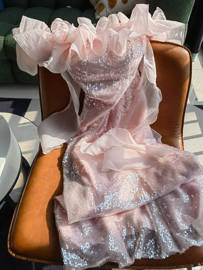 DOLLY Elegant White Off Shoulder Sequin Ruffled Tube Top Banquet Dress-ALICIA