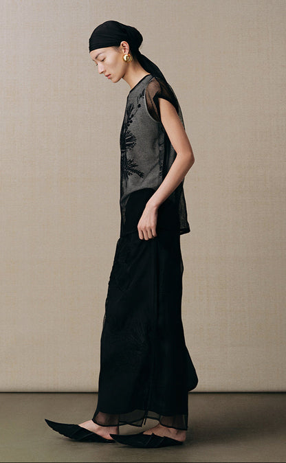 ZHUCHONGYUN organza curved lined silk straight skirt-FAB.