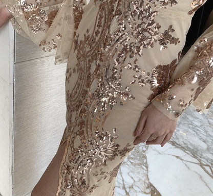 DOLLY Elegant V-Neck Long Sleeve Sequin Hip Flared Fish Tail Banquet Dress-MAY