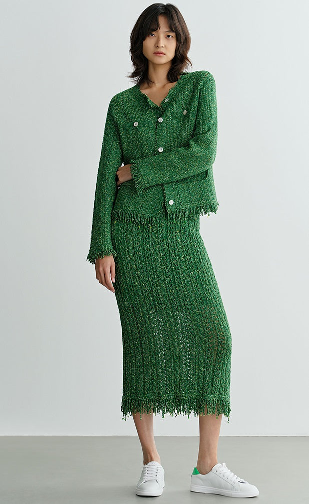 COMME MOI Lv Yan designer spring hollow small fragrance knitted cardigan jacket - IRIS.