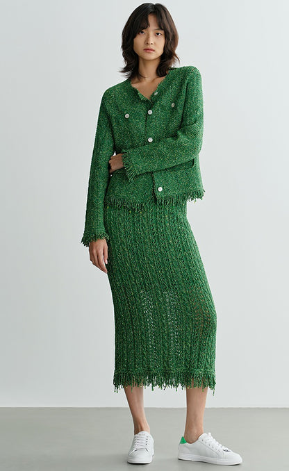 COMME MOI Lv Yan designer spring hollow small fragrance knitted cardigan jacket - IRIS.