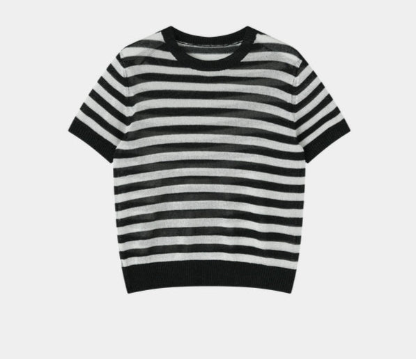 SUSHE light hollow texture striped short-sleeved knit sweater new stretch loose top -BESS