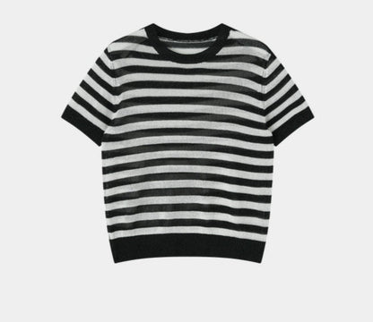 SUSHE light hollow texture striped short-sleeved knit sweater new stretch loose top -BESS