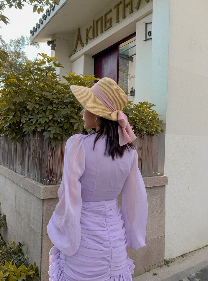 D0LLY Luxury French Style V-Neck Long Puff Sleeve Chiffon Pleated Ruffle Dress-VERA