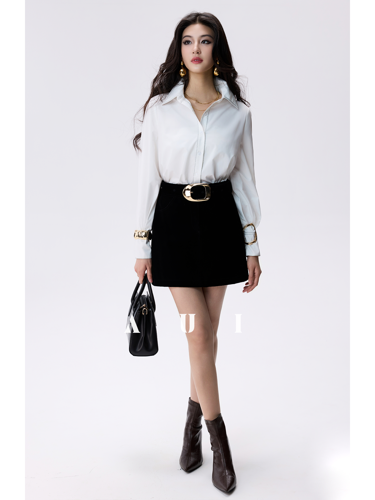 AUI white polo collar long sleeve commuter interview shirt  - GIGI.