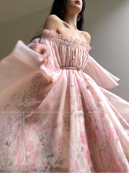Aconiconi Luxury Off-Shoulder Flower Short Sleeve bridal baby doll Dress - Magnolia Lotus Fragrance