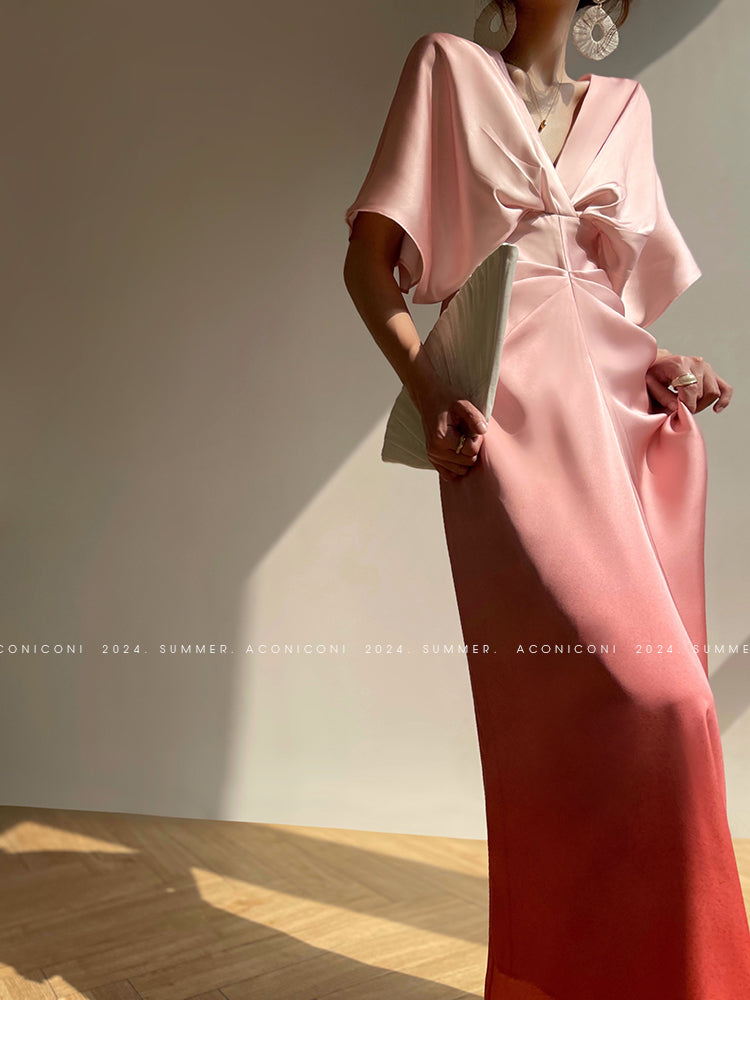 Aconiconi Elegant Peach V-Neck Batwing Sleeve Long Wedding Guest Dress- Sweet wine Aconiconi Elegant Peach V-Neck Batwing Sleeve Long Wedding Guest Dress- Sweet wine