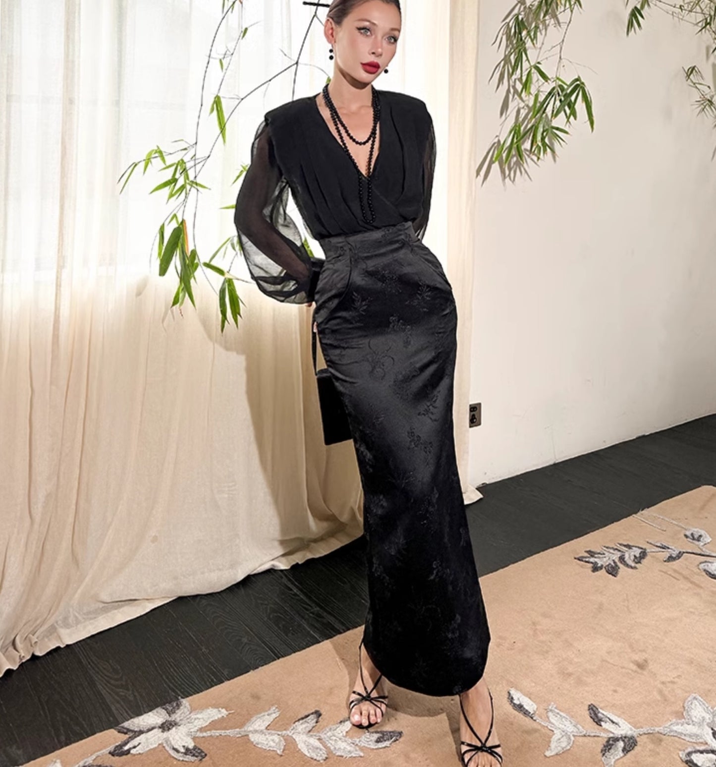 Le Palais Vintage Luxury Black Deep V-Neck Mesh Long Sleeve Top + Long Skirt-LING.