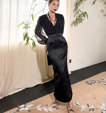 Le Palais Vintage Luxury Black Deep V-Neck Mesh Long Sleeve Top + Long Skirt-LING.