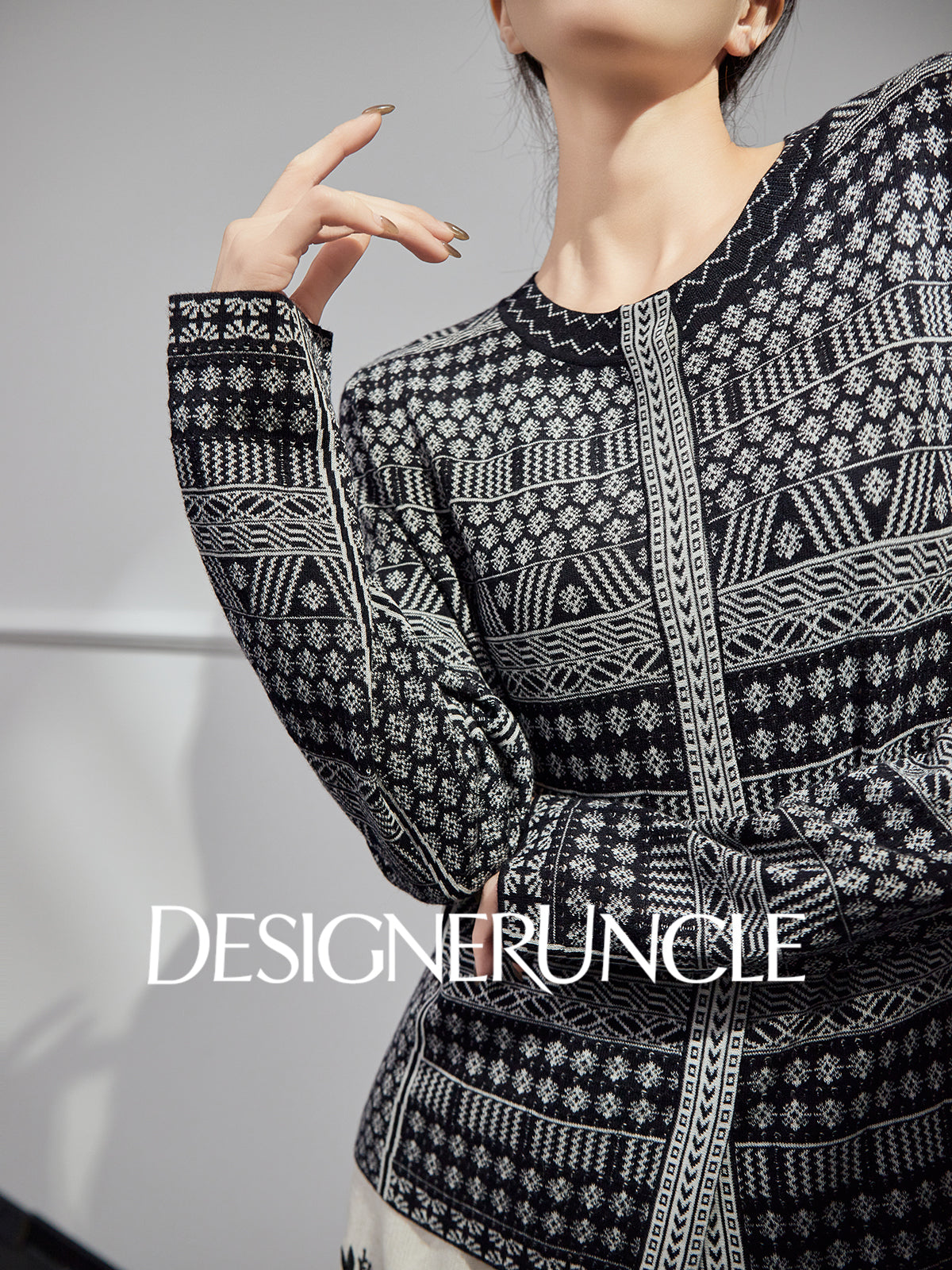 DGU| Black sweater geometric jacquard niche design jacket knitted top - JUGALAR.