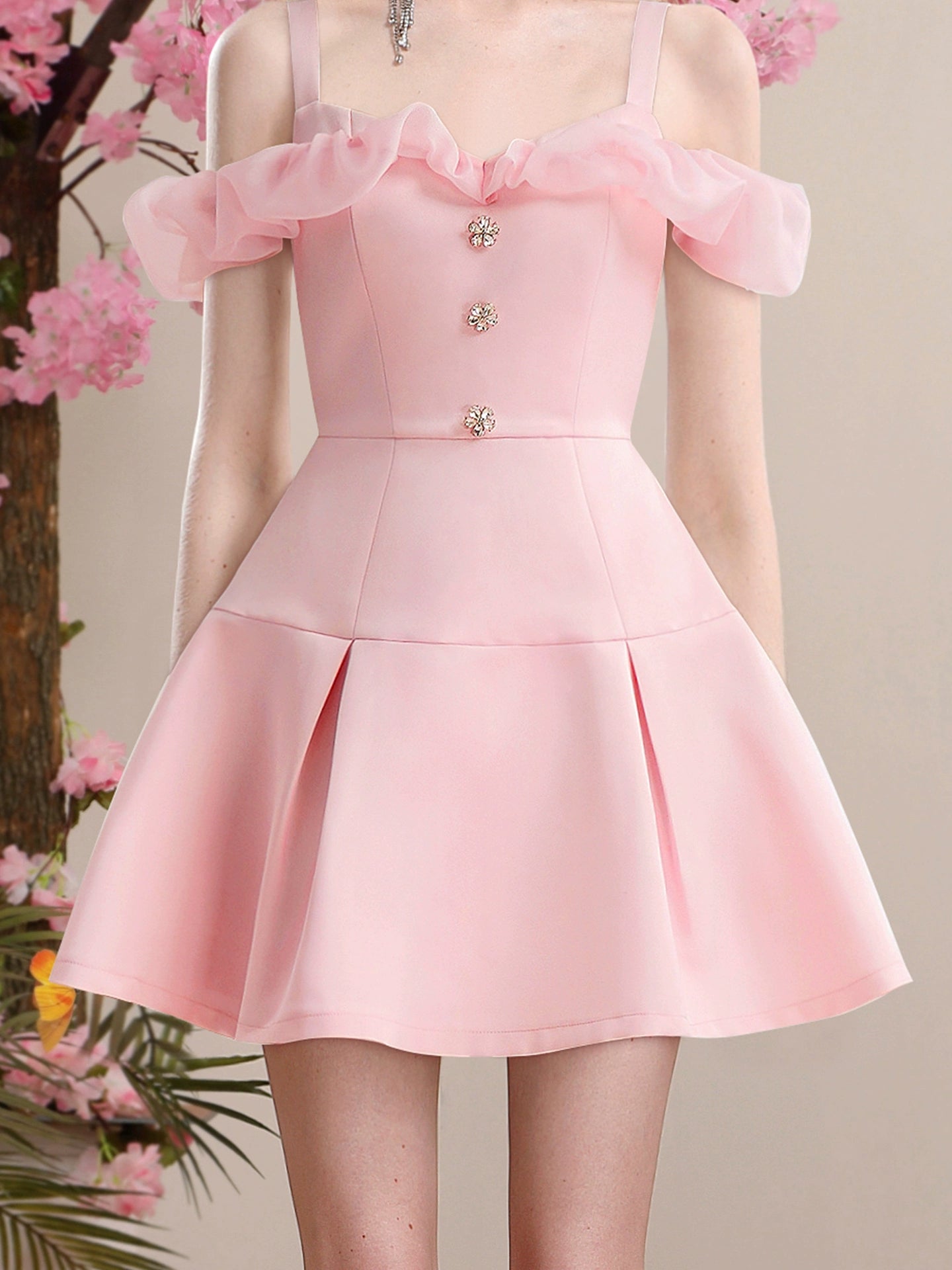 CHECOCRE Stubble sweet temperament style pink satin organza dress - EMA.