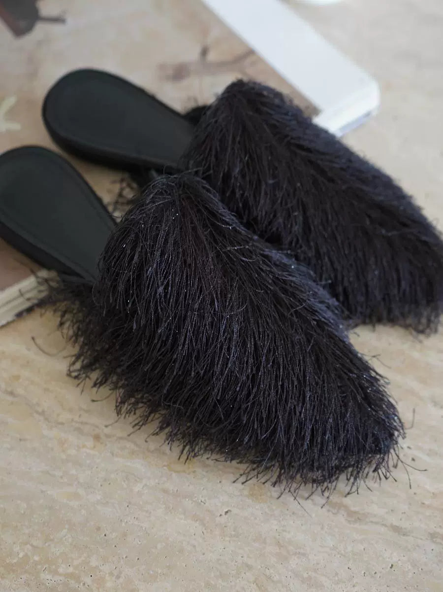 B-FEI black fur niche pointed toe flat mules shoe-VASCO.