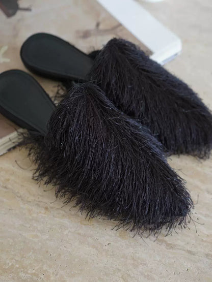 B-FEI black fur niche pointed toe flat mules shoe-VASCO.
