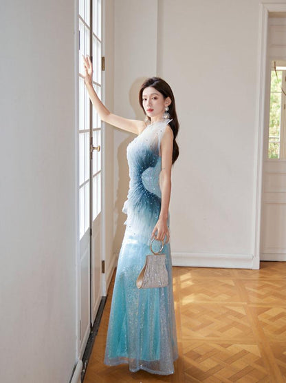 DOLLY Luxury Blue Sleeveless Mesh Bandeau High Waist Long Fish Tail Cocktail Dress-SENORA