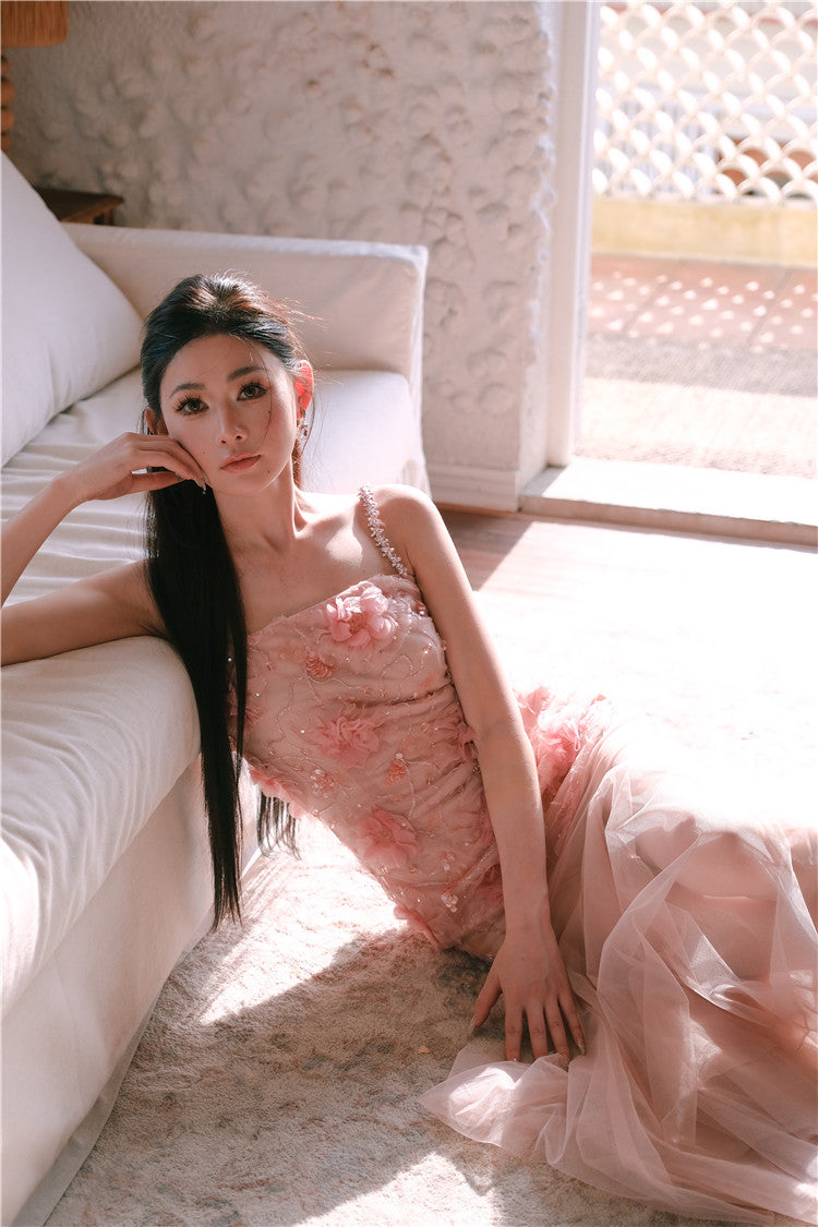 Wardrobes by Chen High End Pink Sleeveless Flower applique Sequin Dress-Bena