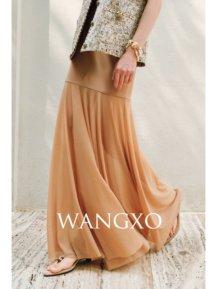 WANGXO | Twill Roman Knit with Lightweight Sheer Paneling  A-Line Hem Flowing Skirt  -RAYA