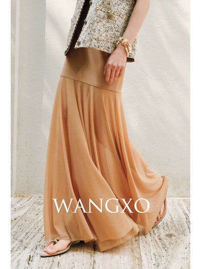 WANGXO | Twill Roman Knit with Lightweight Sheer Paneling  A-Line Hem Flowing Skirt  -RAYA