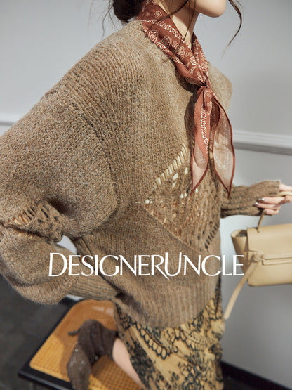 DGU| Light brown light luxury hollow design fashionable comfortable knitwear - Brianna.