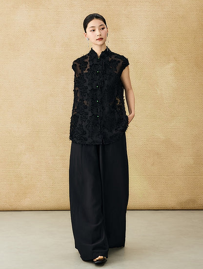 HECO Chinese Style Stand-up Collar Cut Flower Sleeveless Shirt - HELD .