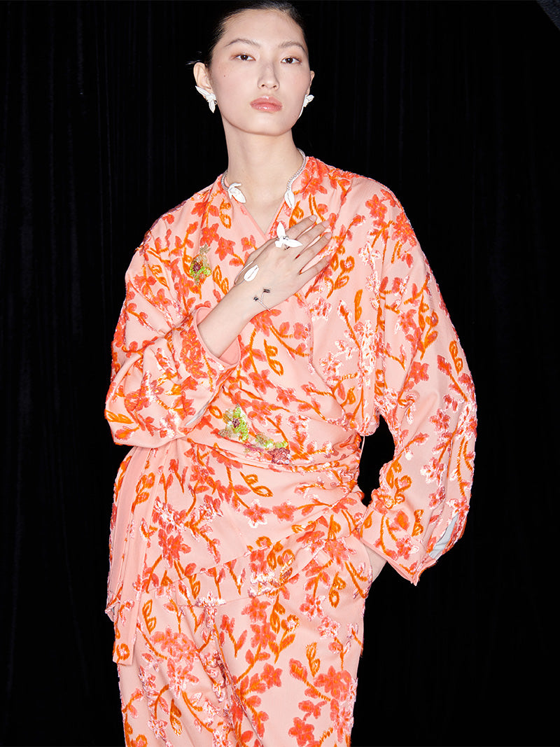 M essential Mackay designer embroidered folded knot orange shirt  Pants set - Lara.