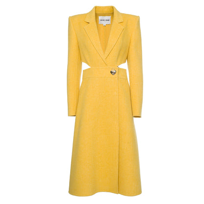 YES BY YESIR cashmere wool high-end yellow black small waist fine long coat - Kara