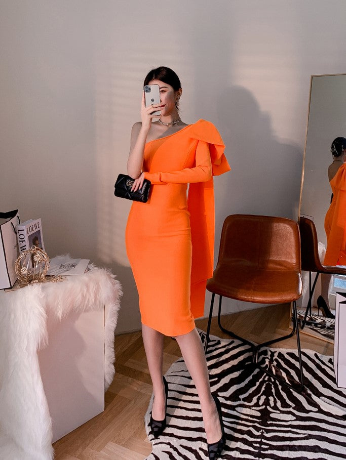 DOLLY Elegant Slant Collar Long Sleeve Bow Drape Body Hug Dinner Dress-CALA