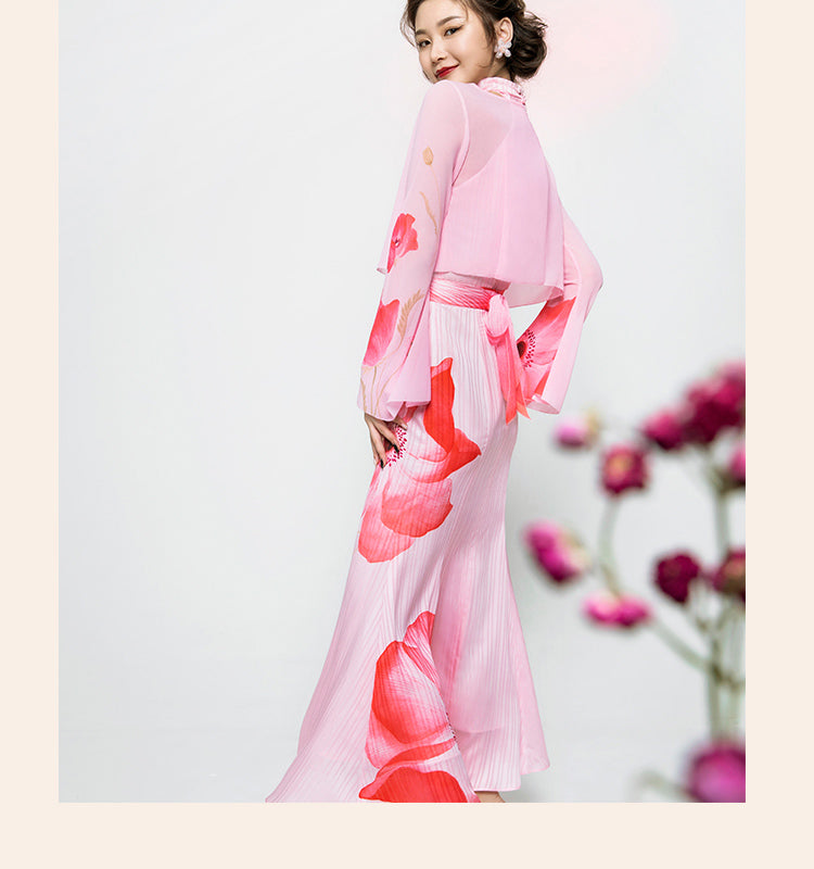 Magic Q poppy print bell sleeves cardigan sleeveless fishtail dress suit - sulli