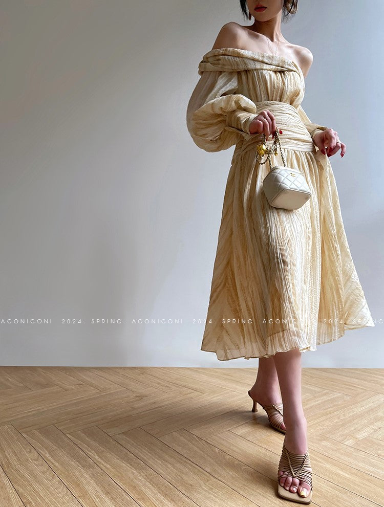 Aconiconi Elegant Wave Pattern Long Sleeve Loose Wedding Guest Dress- Dune