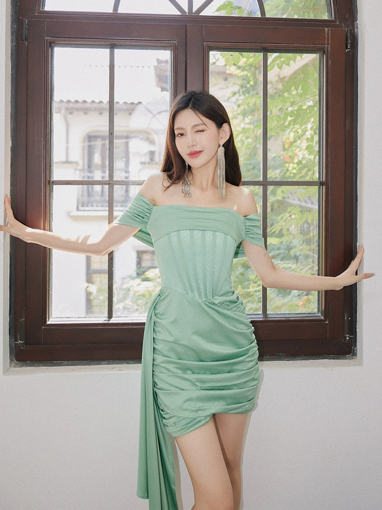 DOLLY Elegant Green Off Shoulder Corset Chest Wrap Pleated Satin Party Dress-DEVIKA