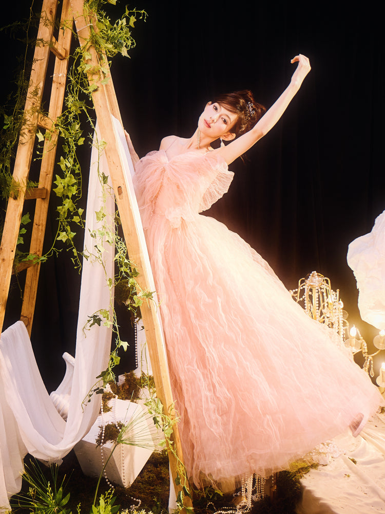 DOLLY Elegant Pink Sleeveless Big Bow Long Pleated Sequin Award Night Dress-CLEO  (V)